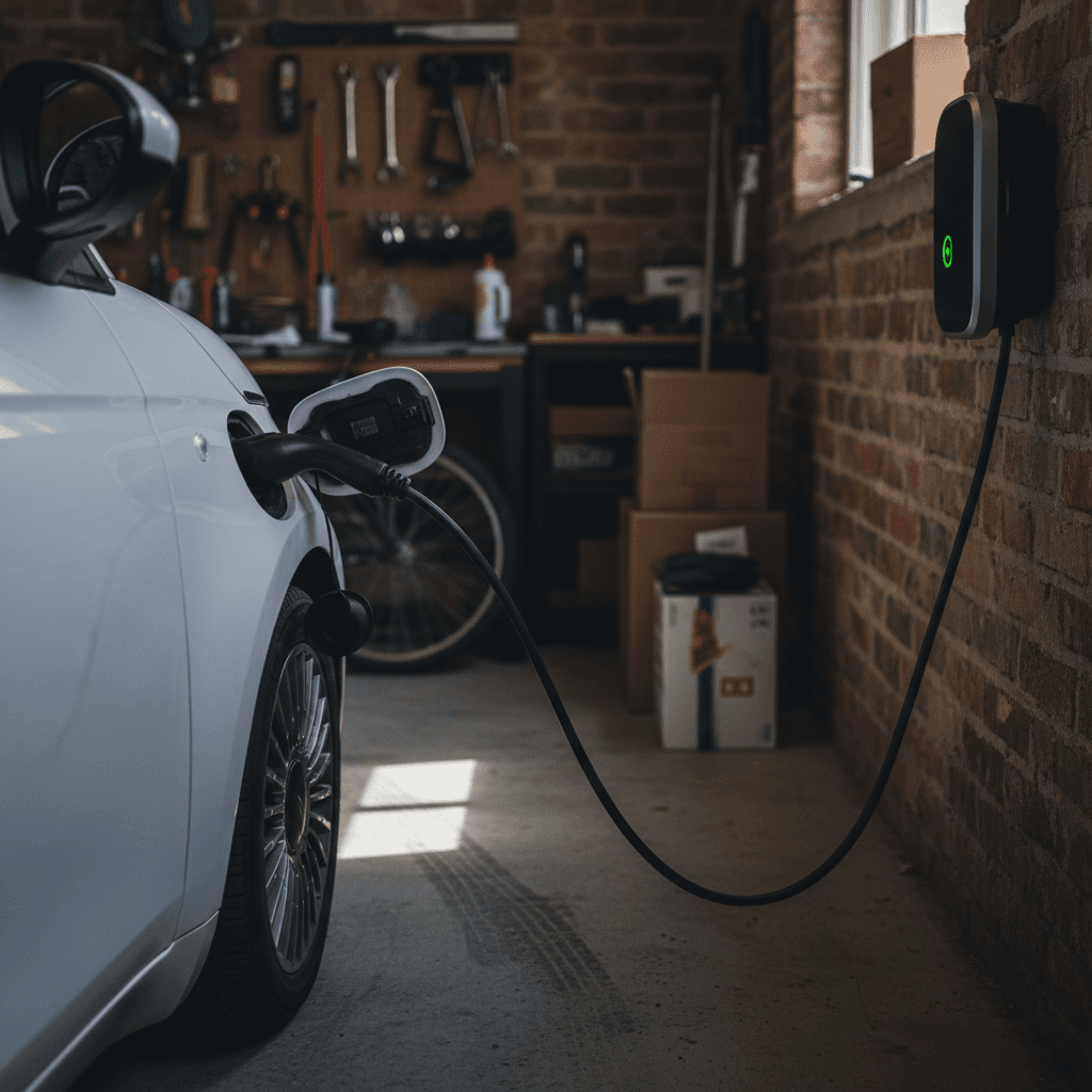 Fiat 500e plugged into a Level 2 home charger in a compact city garage