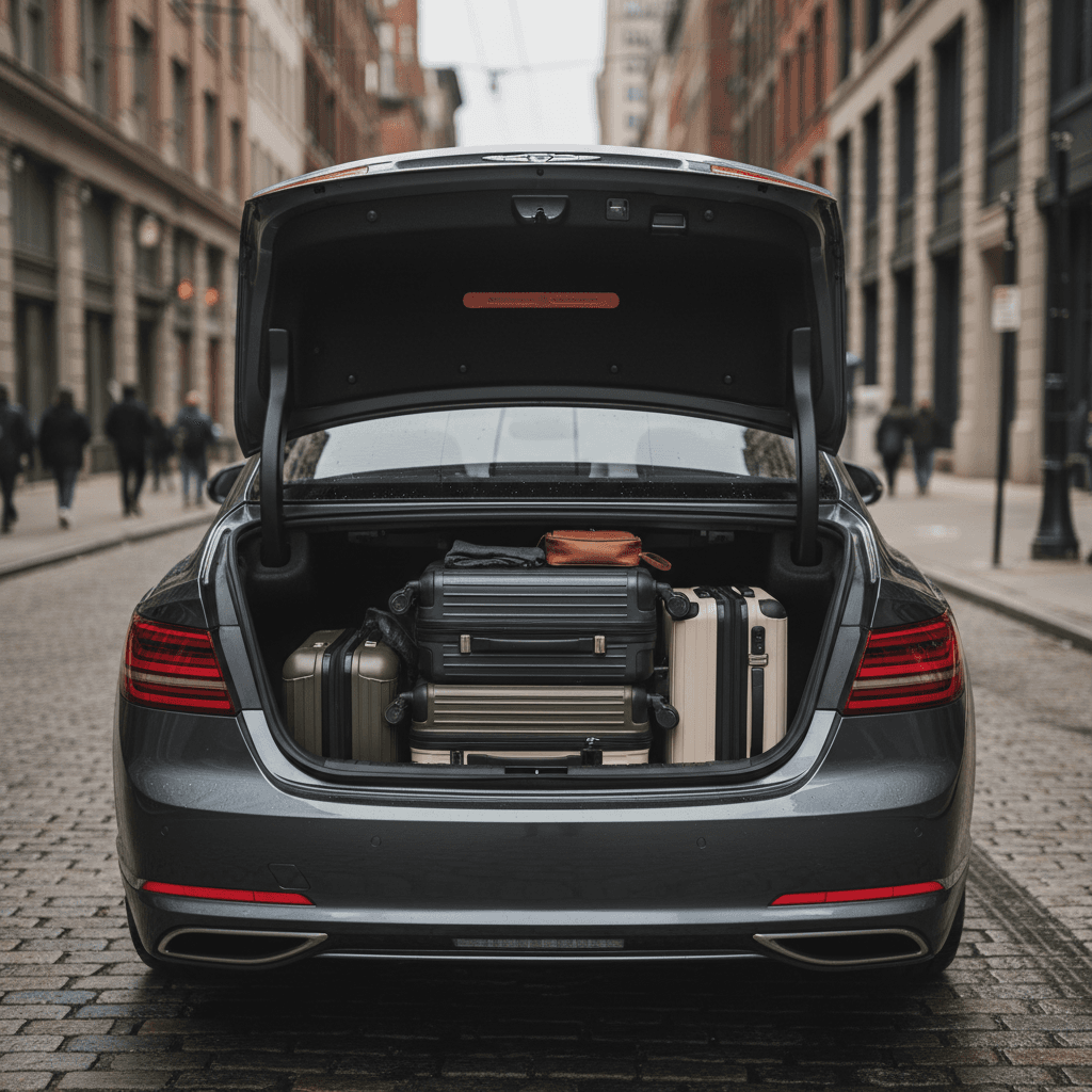 Open trunk of a Genesis Electrified G80 showing roller suitcases and soft bags neatly arranged inside.