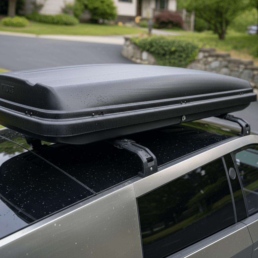 Tesla Cybertruck with a modest rooftop tent mounted on crossbars over the bed, parked at a campsite