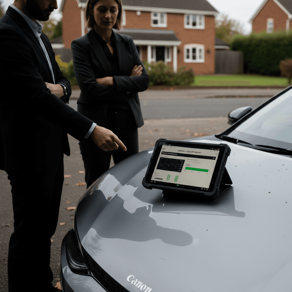 Prospective buyer reviewing a Kia EV6 battery health and vehicle history report on a tablet during a driveway inspection