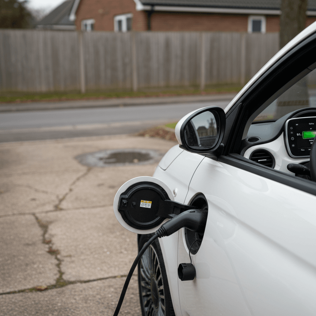 Close view of a Fiat 500e charging at home with the digital dashboard displaying battery information