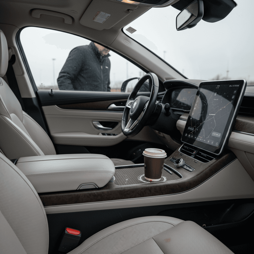 Modern luxury EV interior with large curved display and ambient lighting