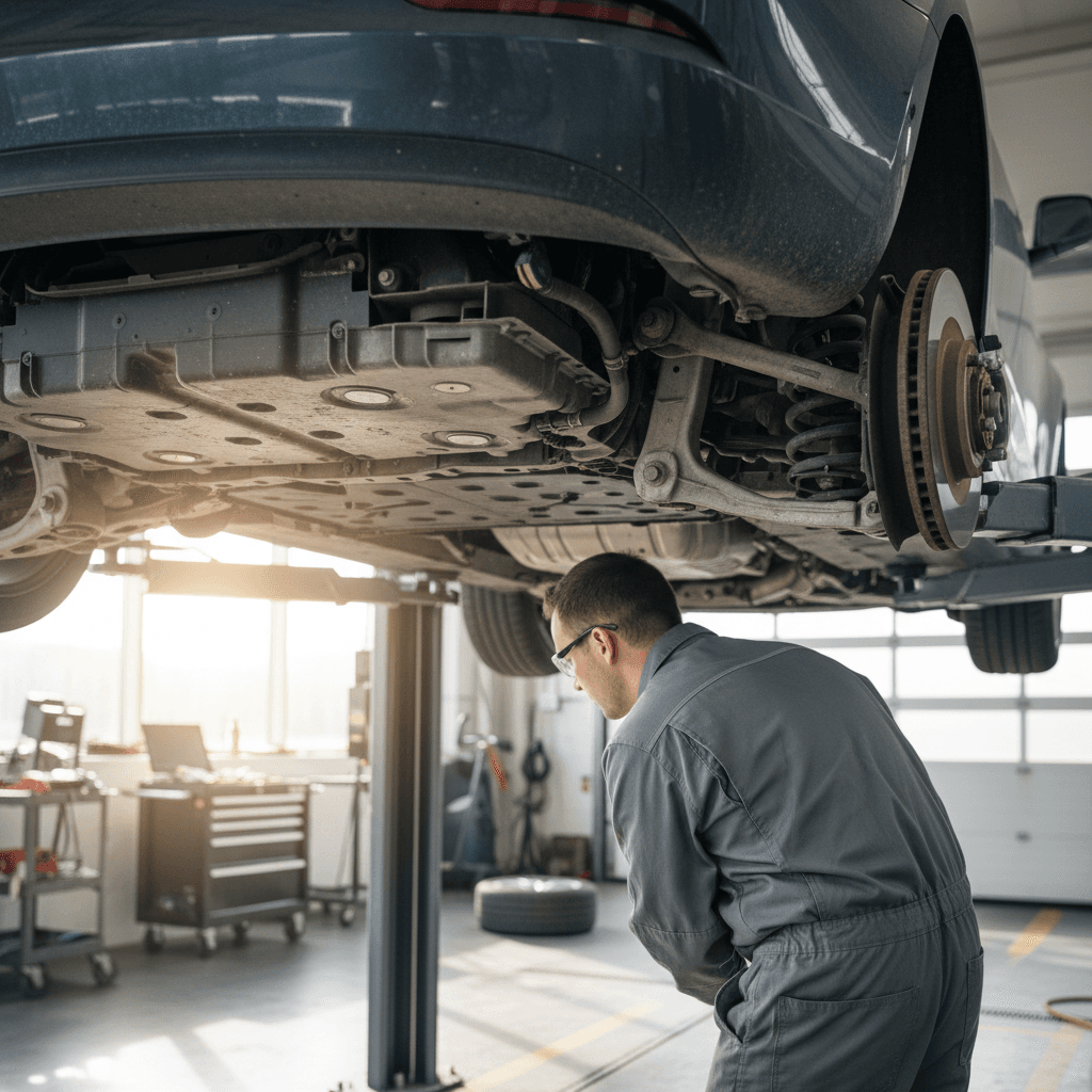 Technician inspecting the suspension and battery area of a used Tesla Model 3 on a lift