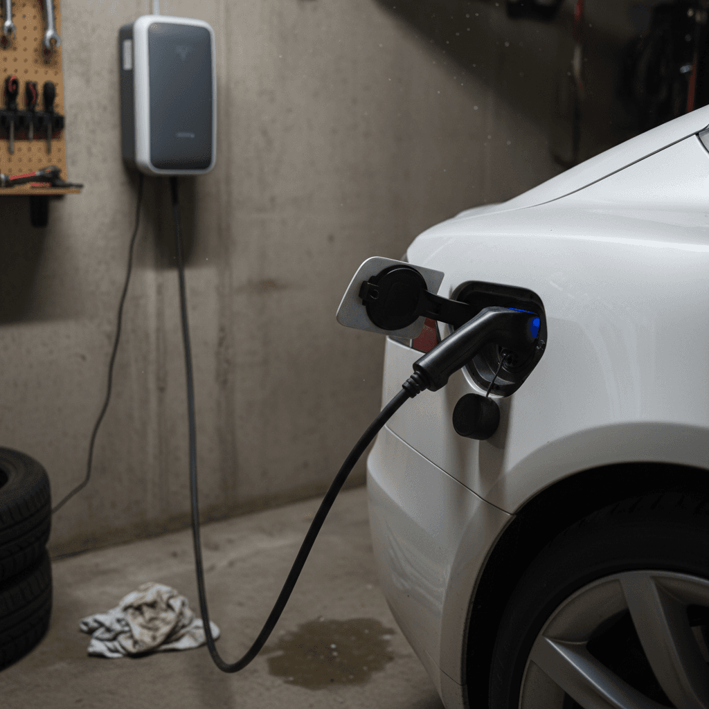 Tesla Model S digital instrument cluster showing remaining range on highway drive