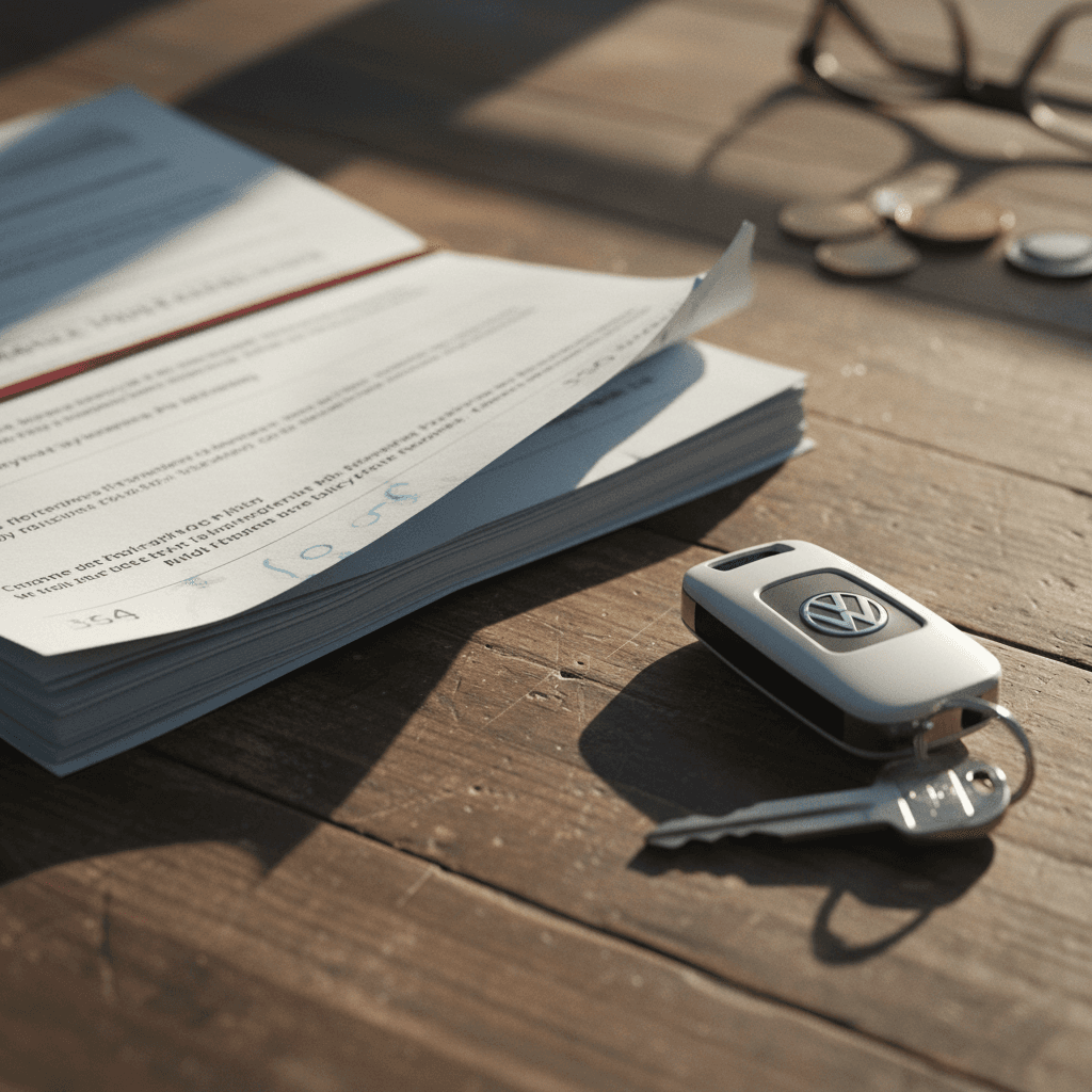 Insurance paperwork and car keys for a Volkswagen ID.4 laid out on a table while a driver compares quotes online