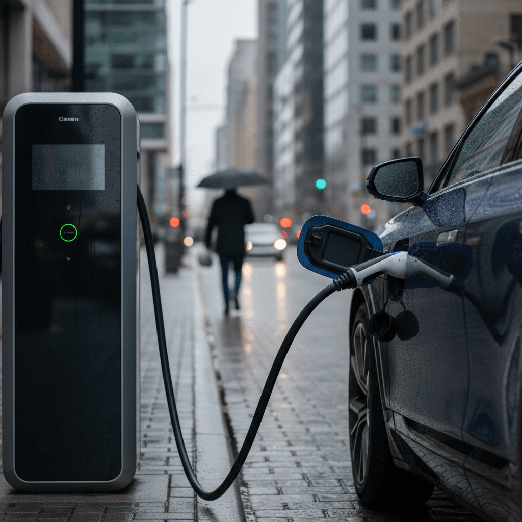 2024 Cadillac Lyriq charging at a public fast charger in a city parking lot