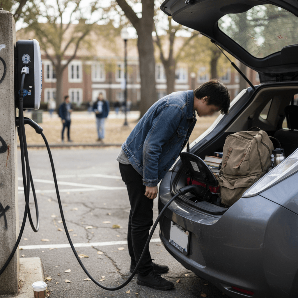 Compact used electric hatchback plugged into a Level 2 campus charger while a student loads a backpack into the rear cargo area.