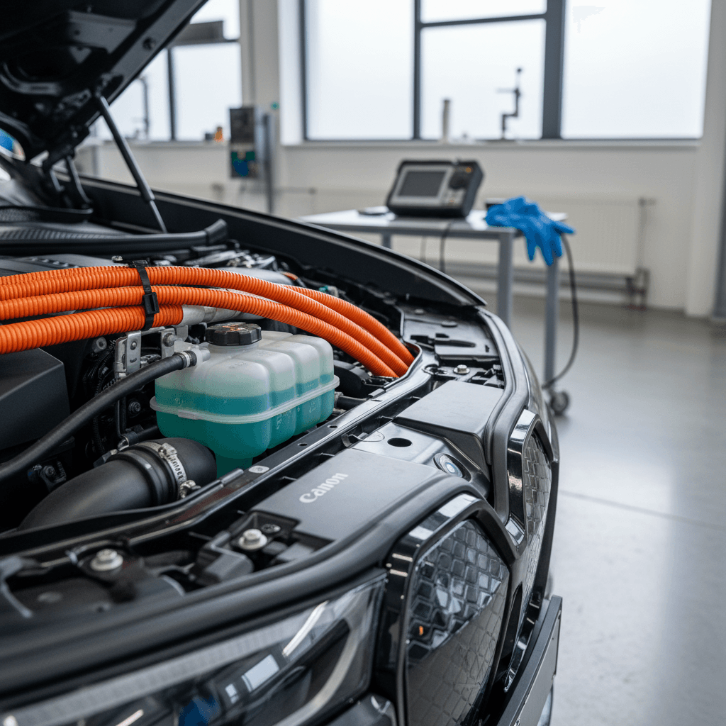 Close-up of BMW iX coolant reservoirs and orange high-voltage cables in a workshop