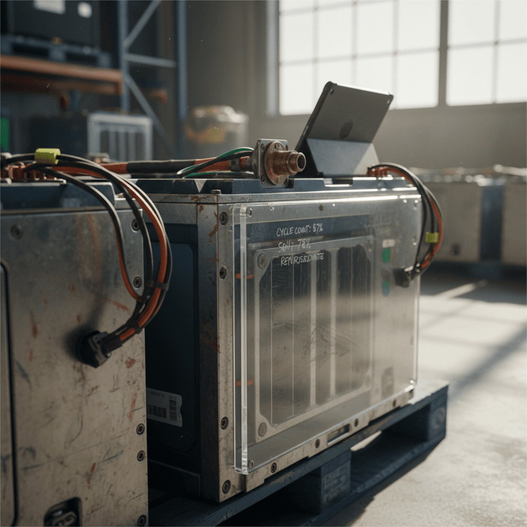 Mechanic handling a 12-volt car battery during replacement in a workshop