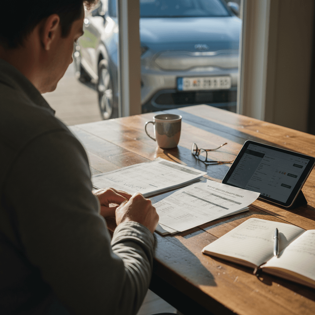 Owner reviewing a printed battery health report and maintenance records for a Kia Niro EV before selling