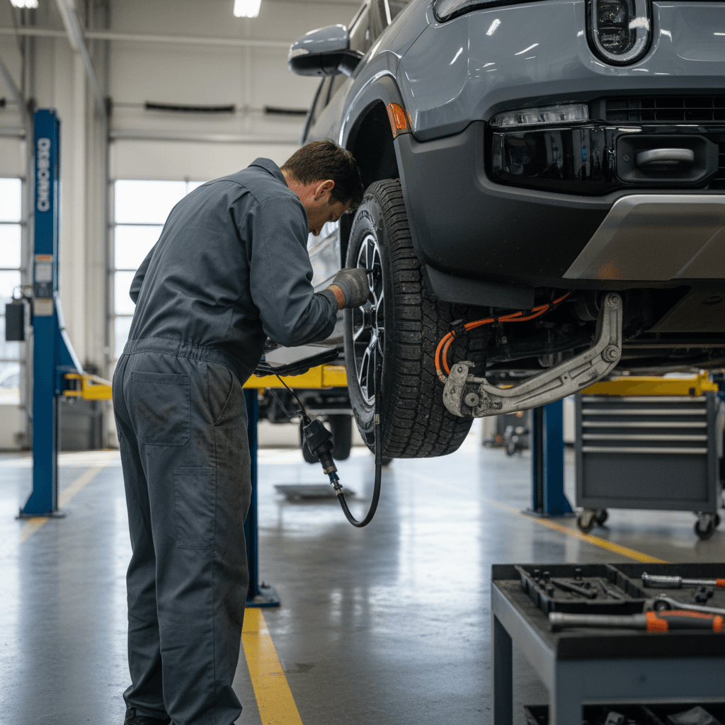 Rivian service technician inspecting the front suspension components on a 2023 Rivian R1T on a lift