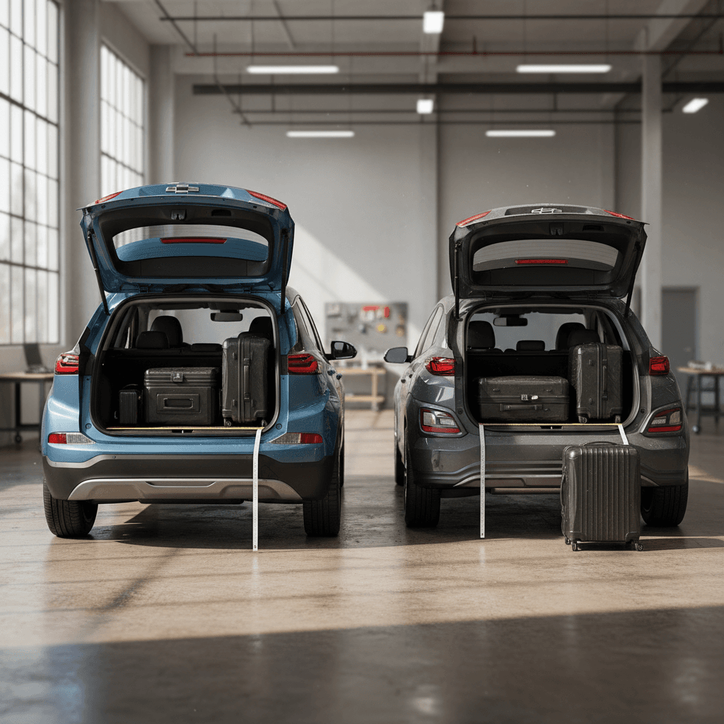 Side-by-side Chevrolet Bolt EUV and Hyundai Kona Electric showing rear legroom and cargo areas open