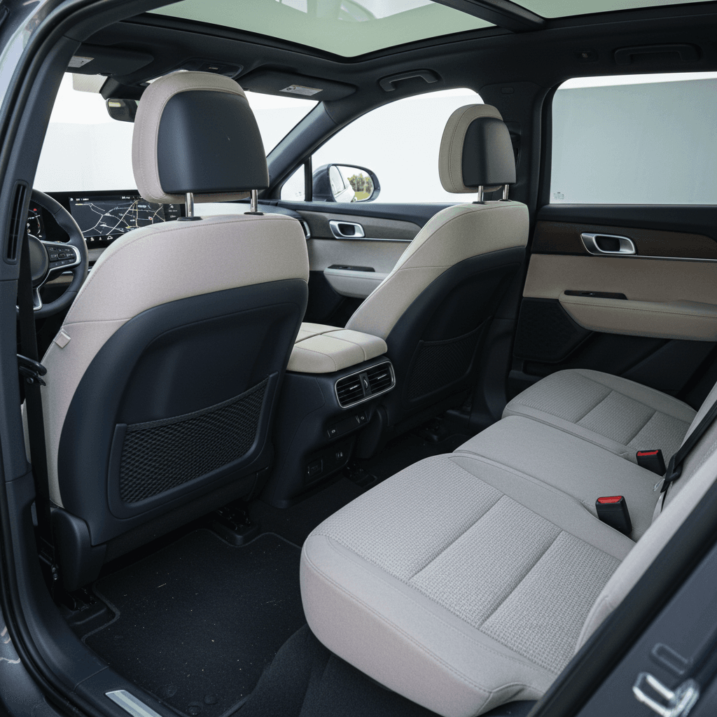 Spacious three-row electric SUV interior with captain’s chairs and a usable third row for families