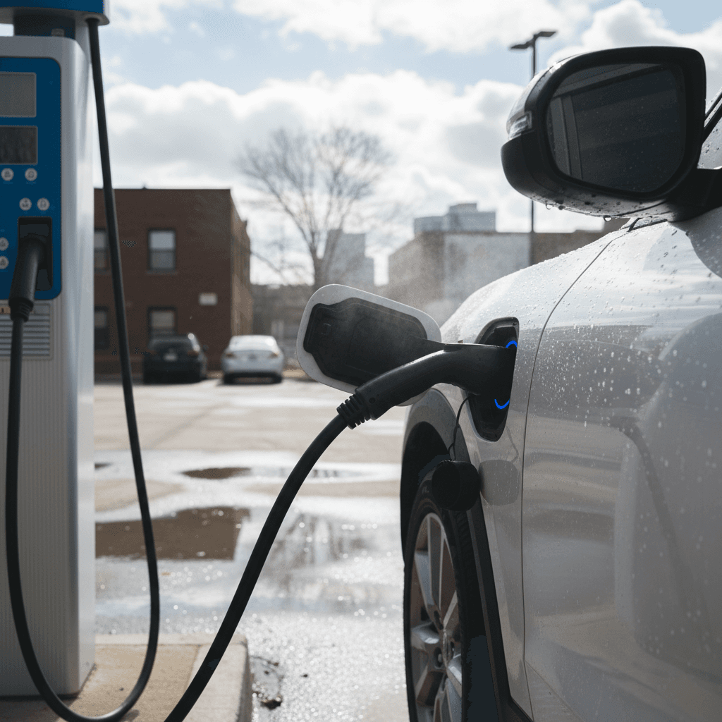 2024 Honda Prologue connected to a public DC fast charger in an urban parking lot