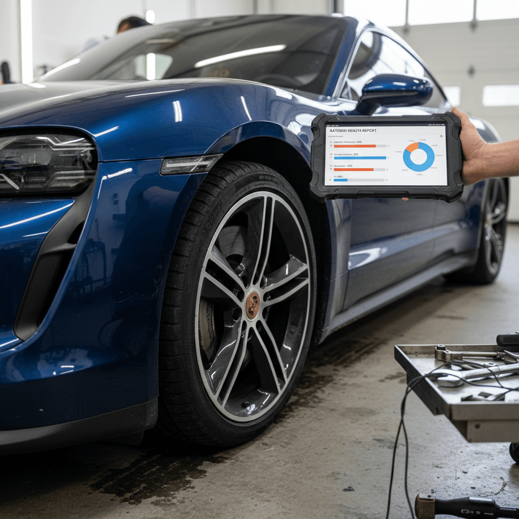 Technician reviewing a battery health report on a tablet next to a used 2020 Porsche Taycan