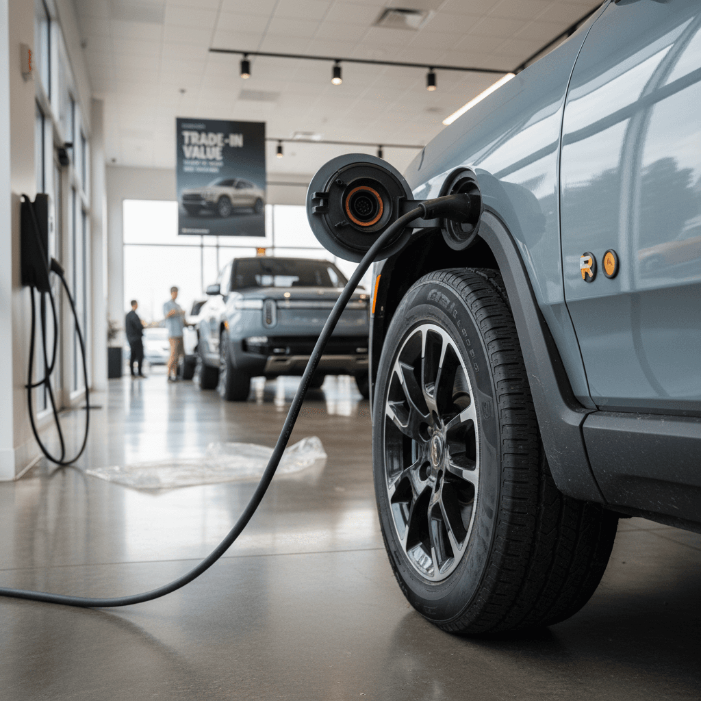 Close view of a Rivian R1T plugged into a charger at a dealership, being prepared for resale