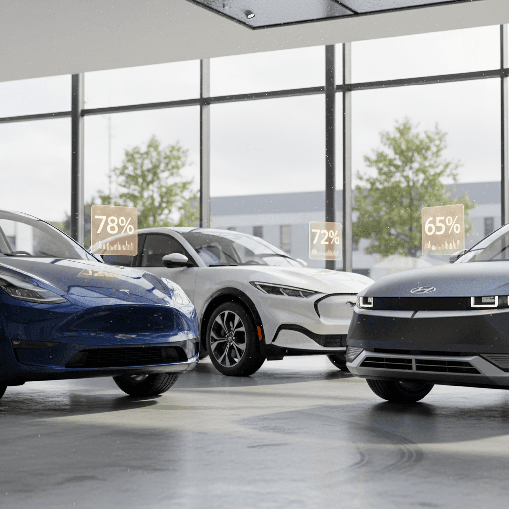 Lineup of popular electric cars including Tesla, Hyundai, Kia, Ford and Porsche models that tend to hold their value better than average