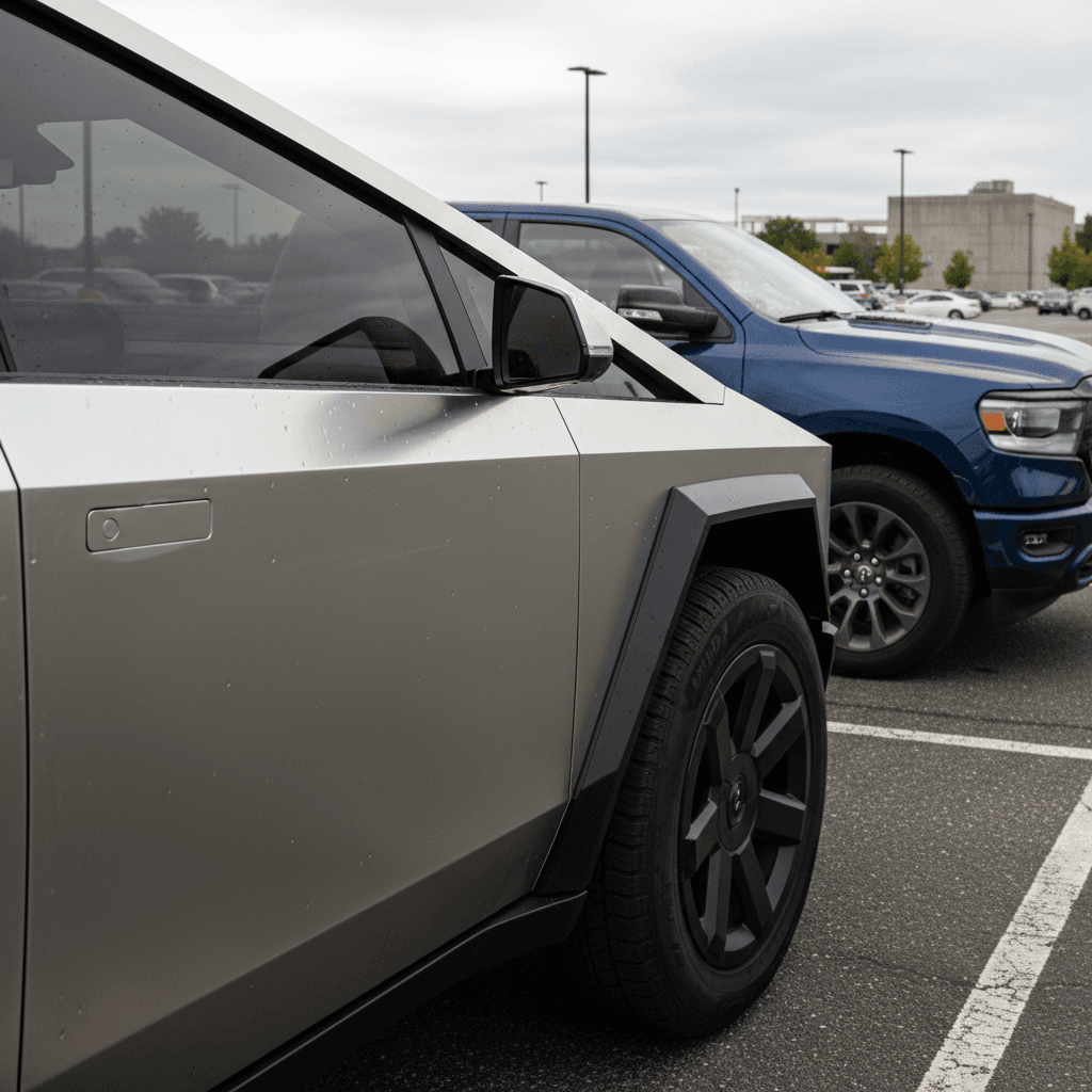 Tesla Cybertruck and RAM 1500 parked side by side highlighting the contrast between minimalist EV interior and traditional truck cabin