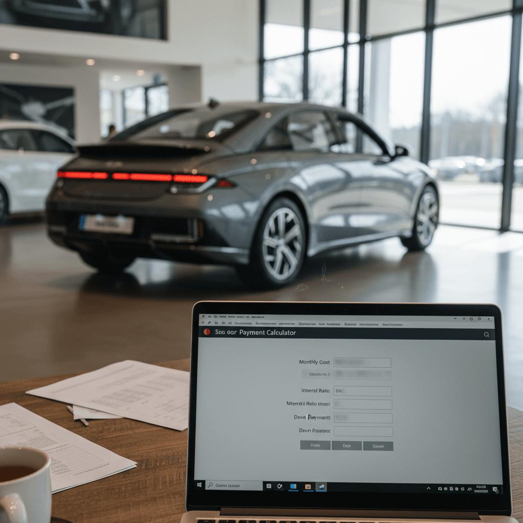 Person using a laptop Hyundai Ioniq 6 payment calculator next to an EV in a driveway