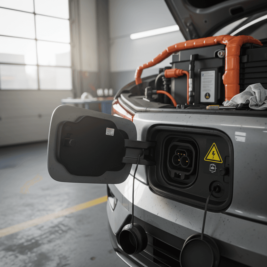 Technician inspecting a Volvo EX30 high-voltage battery and wiring while the car is connected to diagnostic equipment