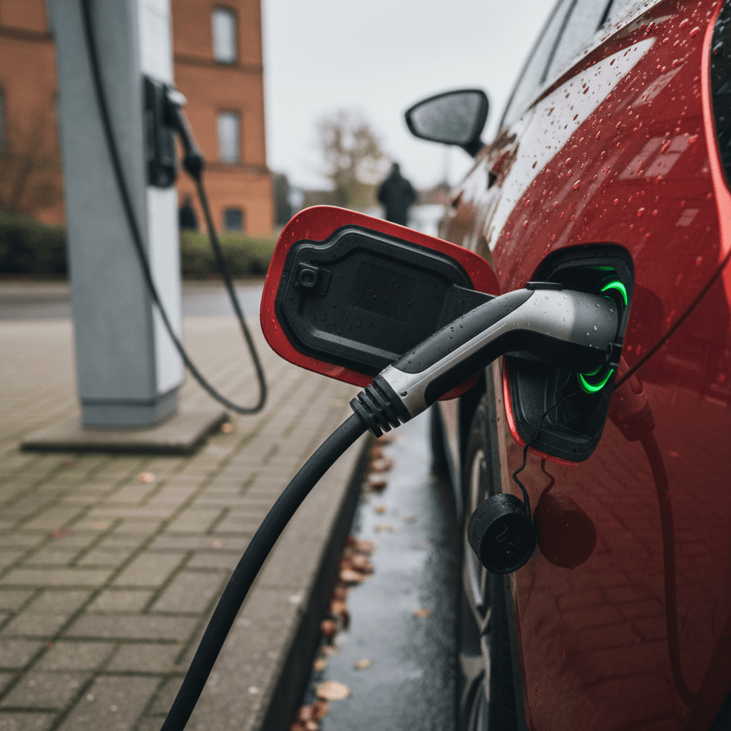 Volkswagen ID.4 plugged in at a public fast-charging station, with charging connector latched into the port