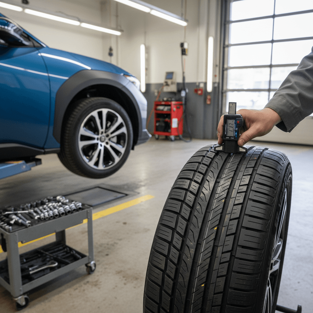 Service technician checking tread depth on a Toyota bZ4X tire on a lift