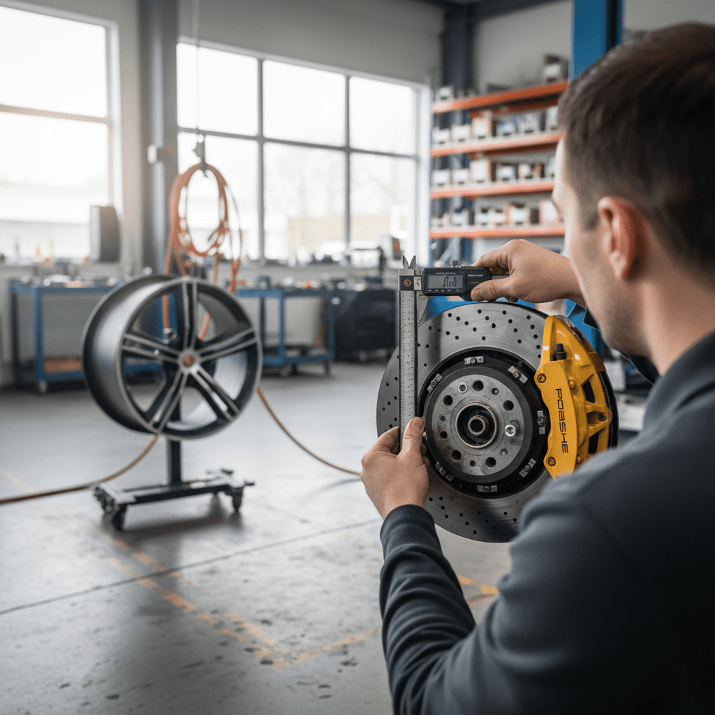 Technician checking tread depth on a Porsche Taycan performance tire mounted on a lift
