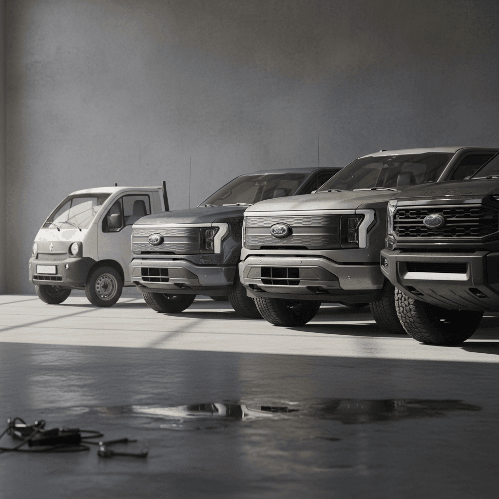 Lineup of several electric pickup trucks including a small minimalist model positioned next to larger full-size trucks in a studio environment