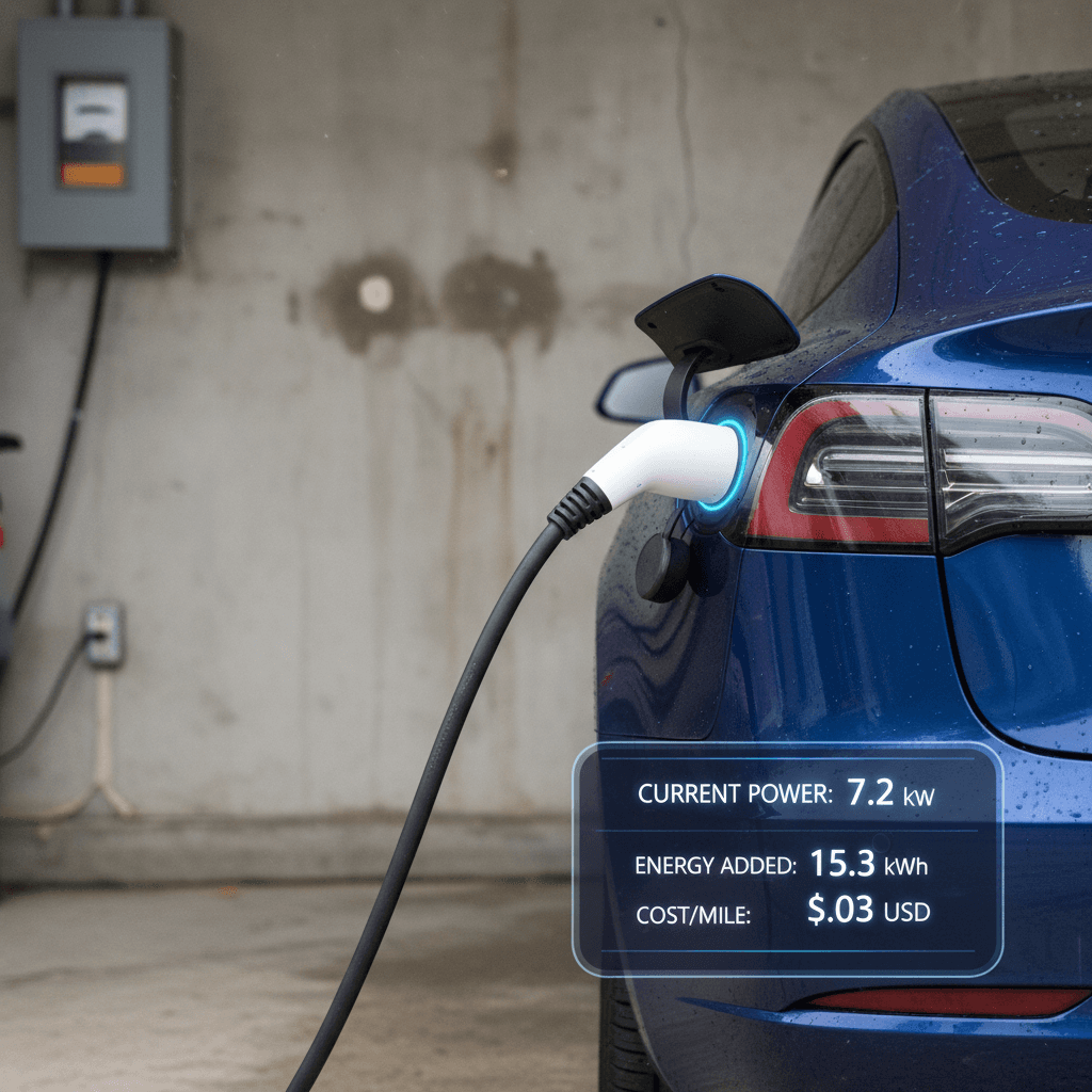 Tesla Model 3 plugged into a home wall connector, illustrating low cost per mile when charging at home