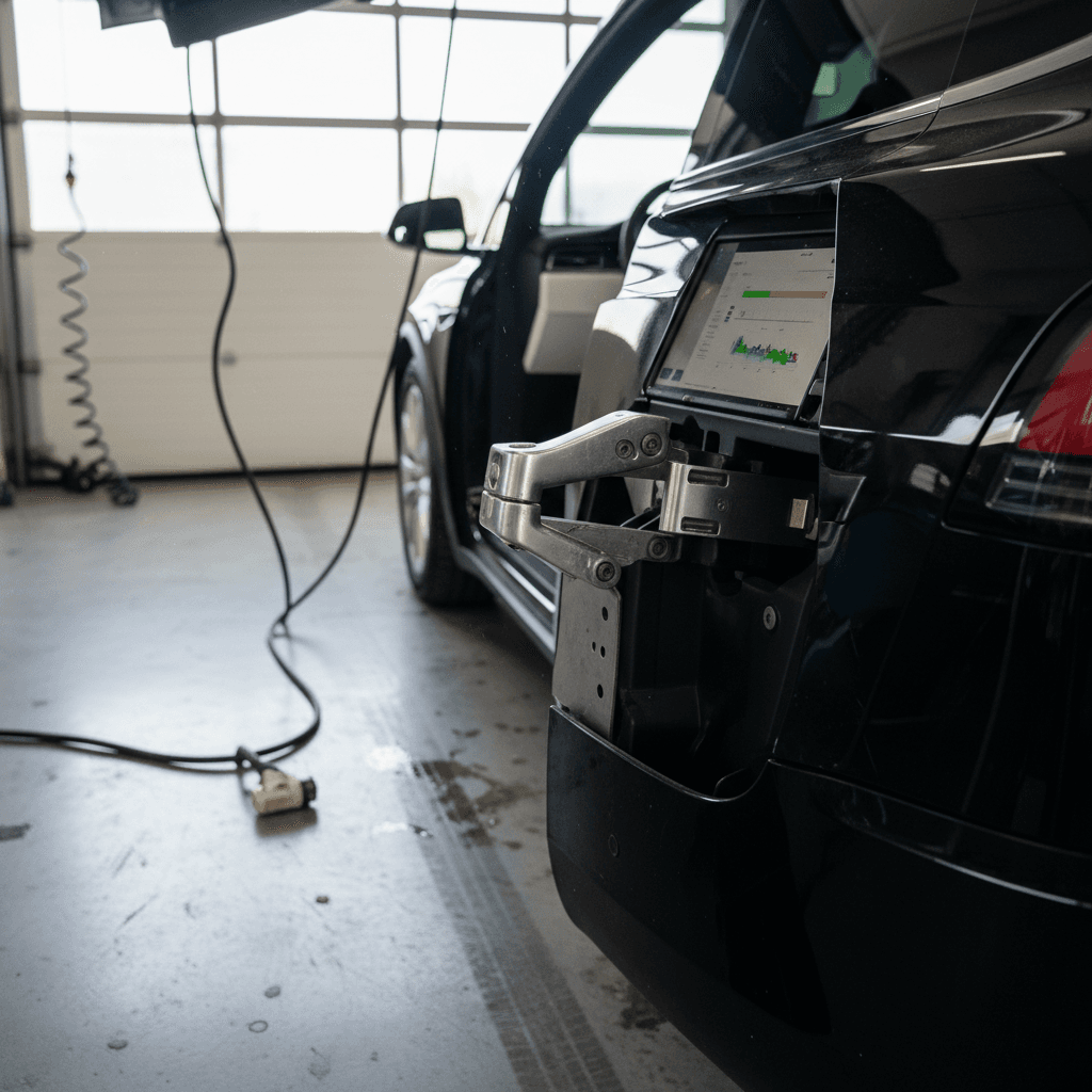 Tesla Model X with falcon-wing door open in a service bay