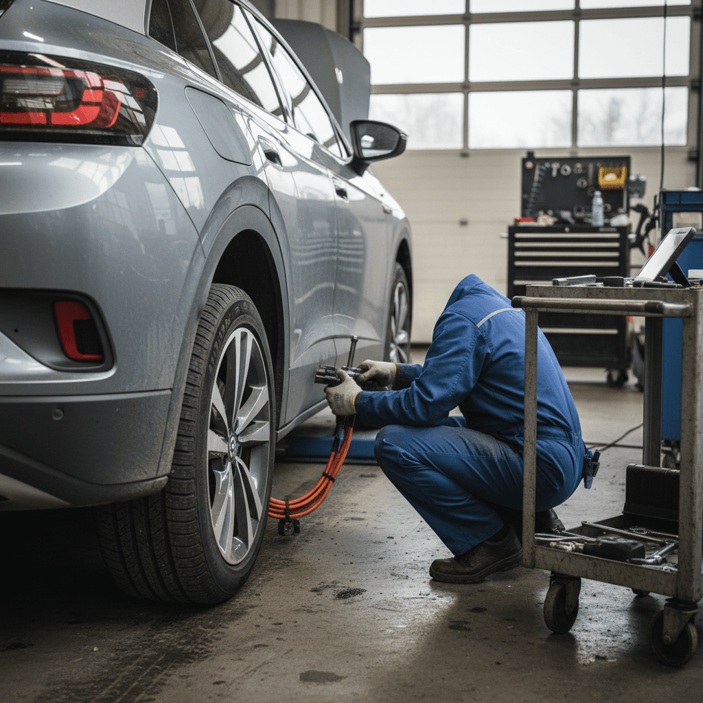 Technician performing recall software update on a 2023 Volkswagen ID.4 in a dealership service bay