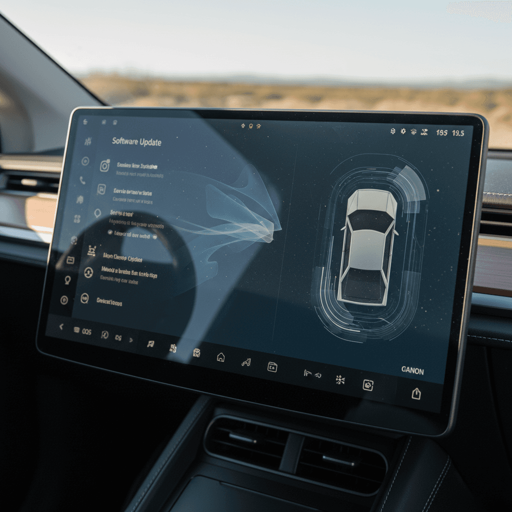 Tesla Cybertruck interior touchscreen showing software release notes and parking visualization