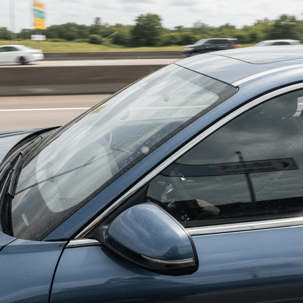 Upper windshield and roof trim on a Genesis GV60, viewed close-up from the side