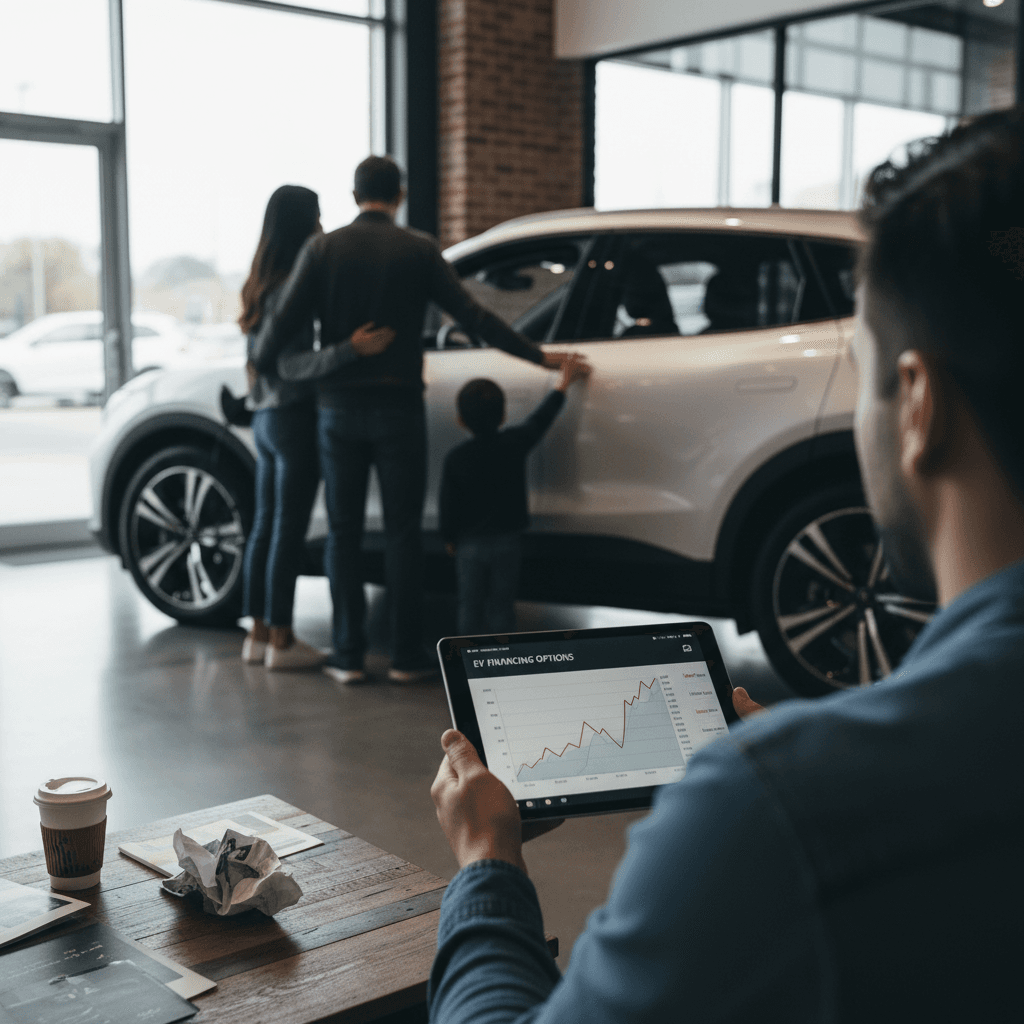 Family reviewing paperwork while buying a used electric vehicle at a dealership