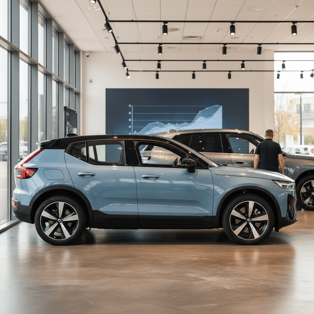 Side view of Volvo EX30 and BMW iX connected to DC fast chargers at a public charging plaza