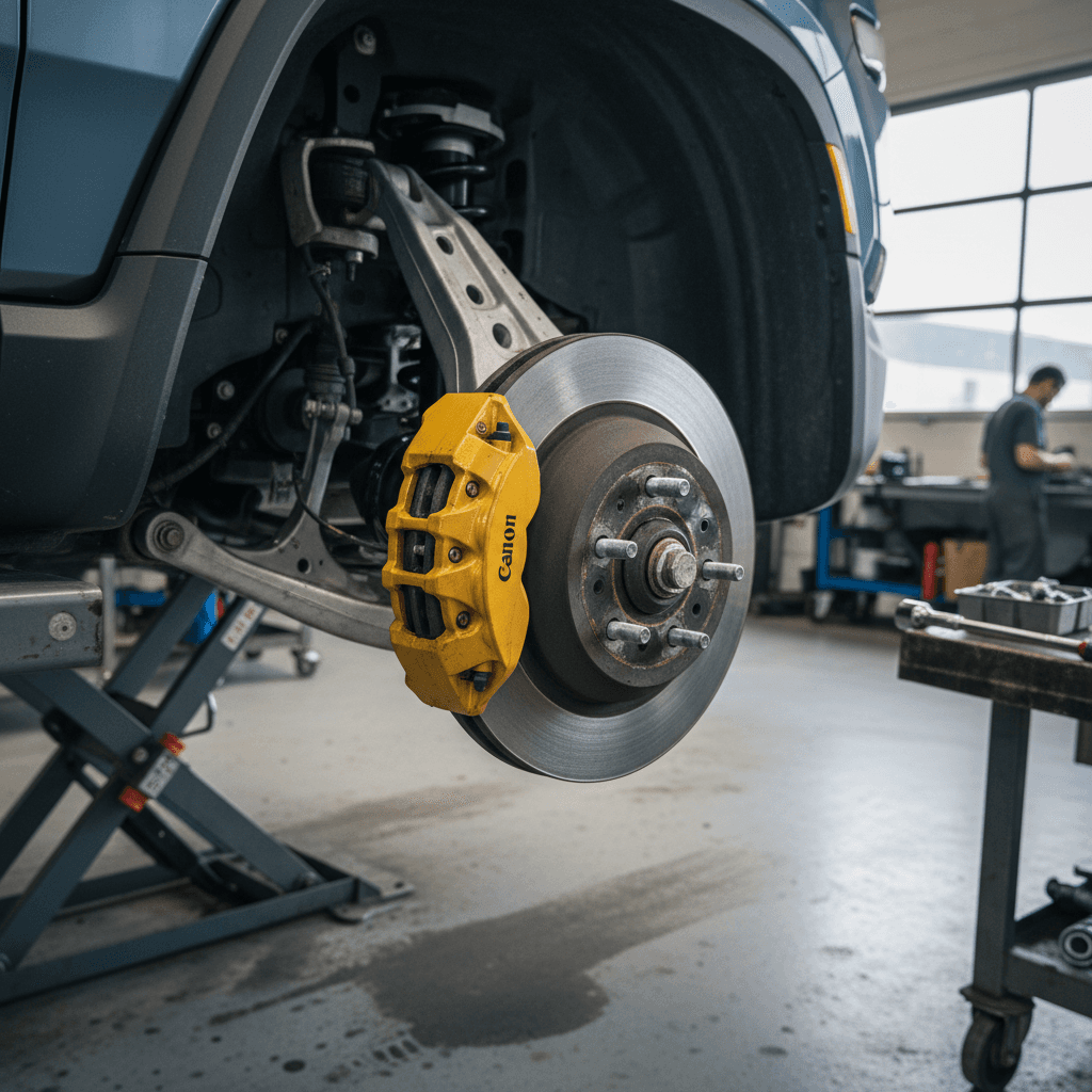 Rivian R1T wheel removed in a service bay for tire rotation and brake inspection