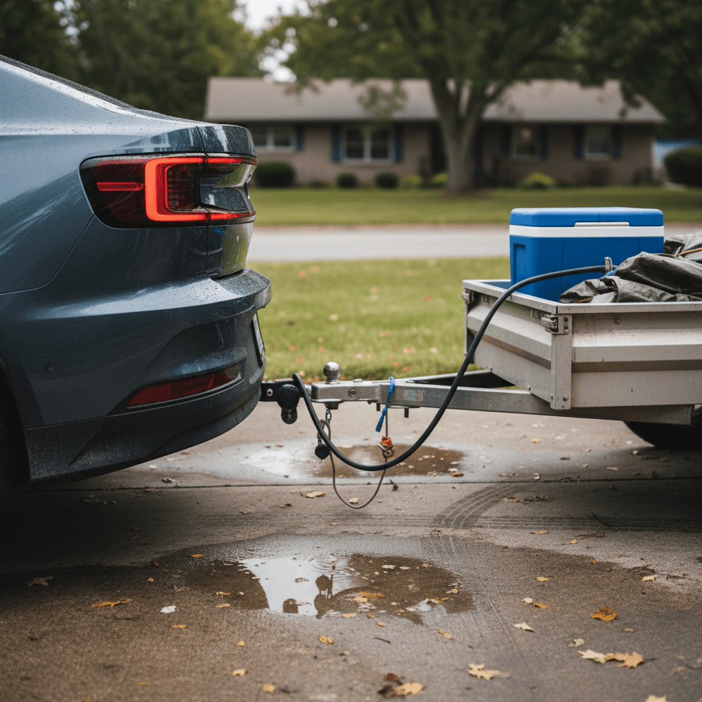 Polestar 2 with a small utility trailer attached to the factory tow hitch in a residential driveway
