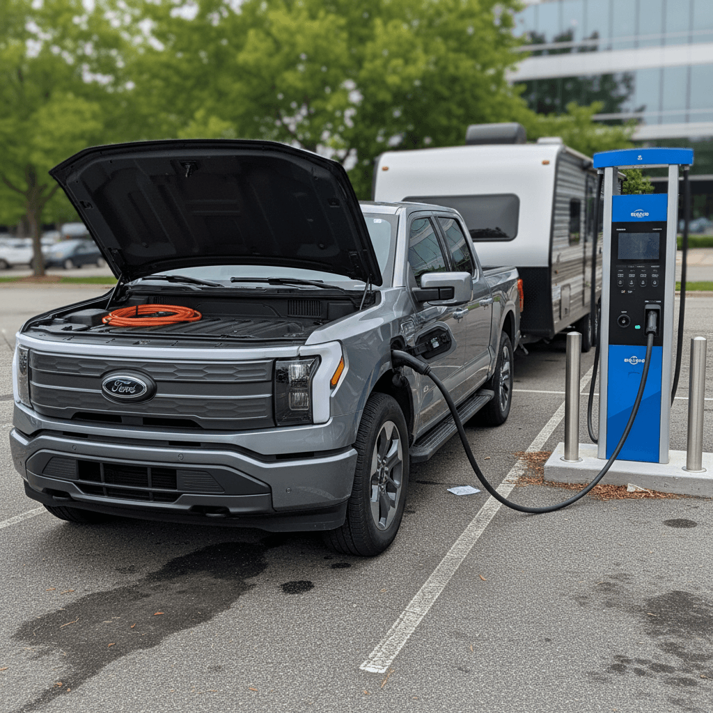 2025 Ford F-150 Lightning hitched to a small camper trailer while plugged into a DC fast charger