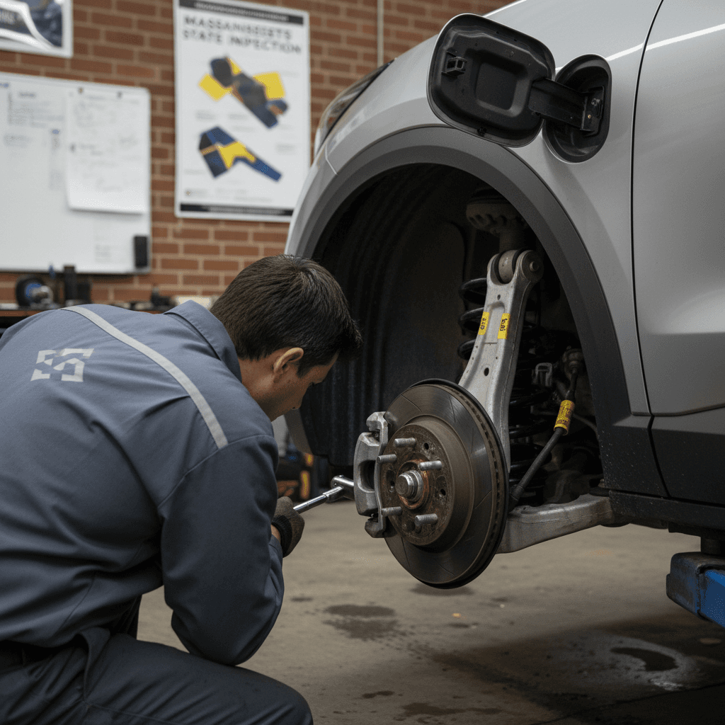Technician performing safety inspection on an electric car’s suspension and brakes on a lift