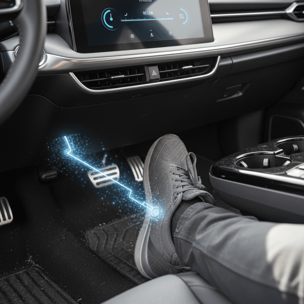 Electric car in city traffic where regenerative braking and one‑pedal driving are frequently used