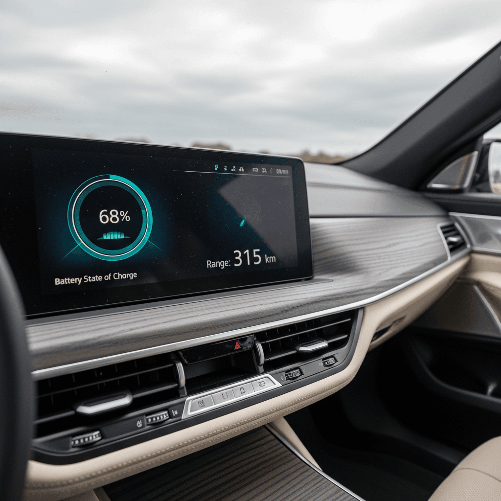 BMW i7 driver display showing state of charge, battery temperature indicator, and estimated electric range