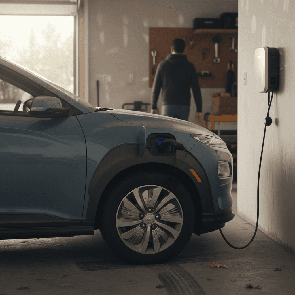 Driver plugging a Hyundai Kona Electric into a home Level 2 charger in a garage