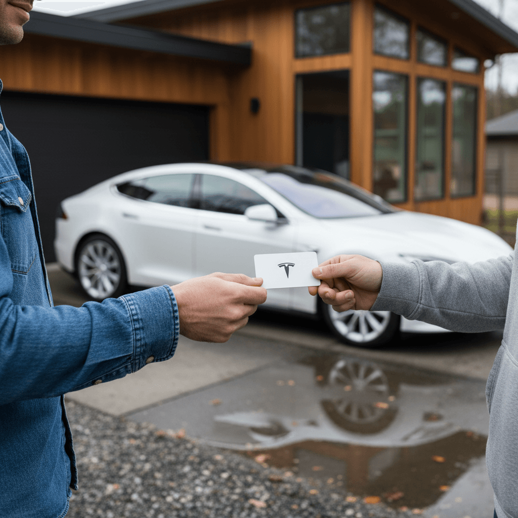 Seller and buyer exchanging a Tesla key card in front of a white Model S parked in a California driveway
