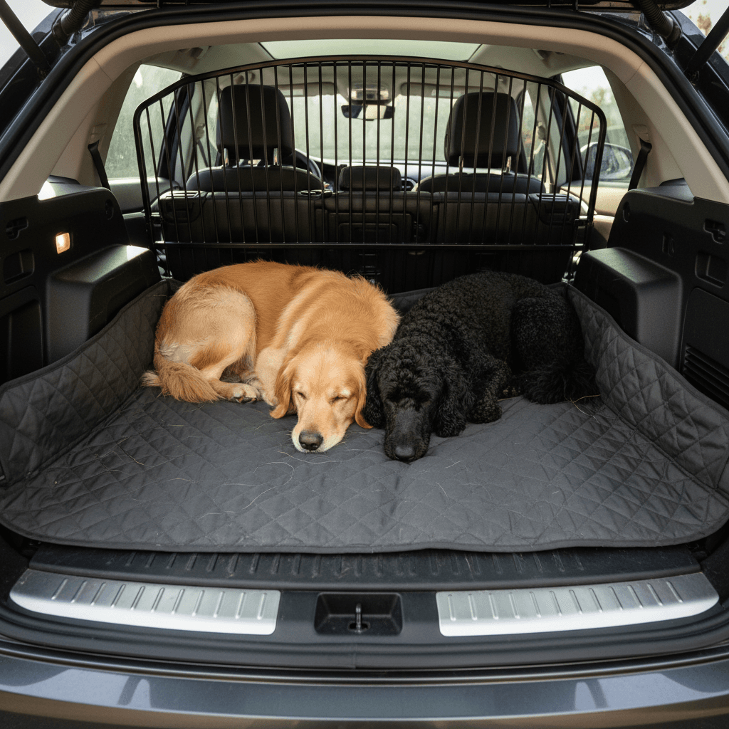 Two dogs lying comfortably on the folded rear seats and cargo area of an electric crossover with a flat load floor and pet barrier