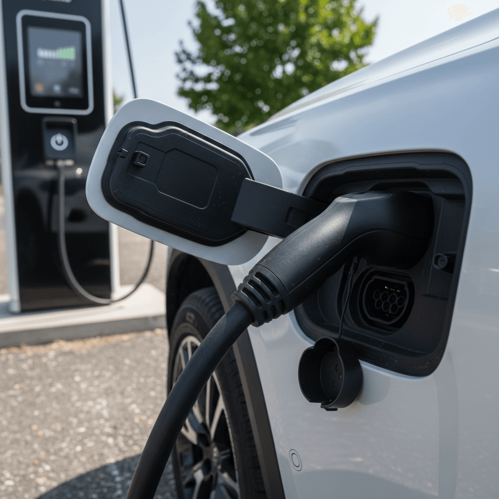 Volvo EX90 connected to a DC fast charger showing price per kWh on the charger display