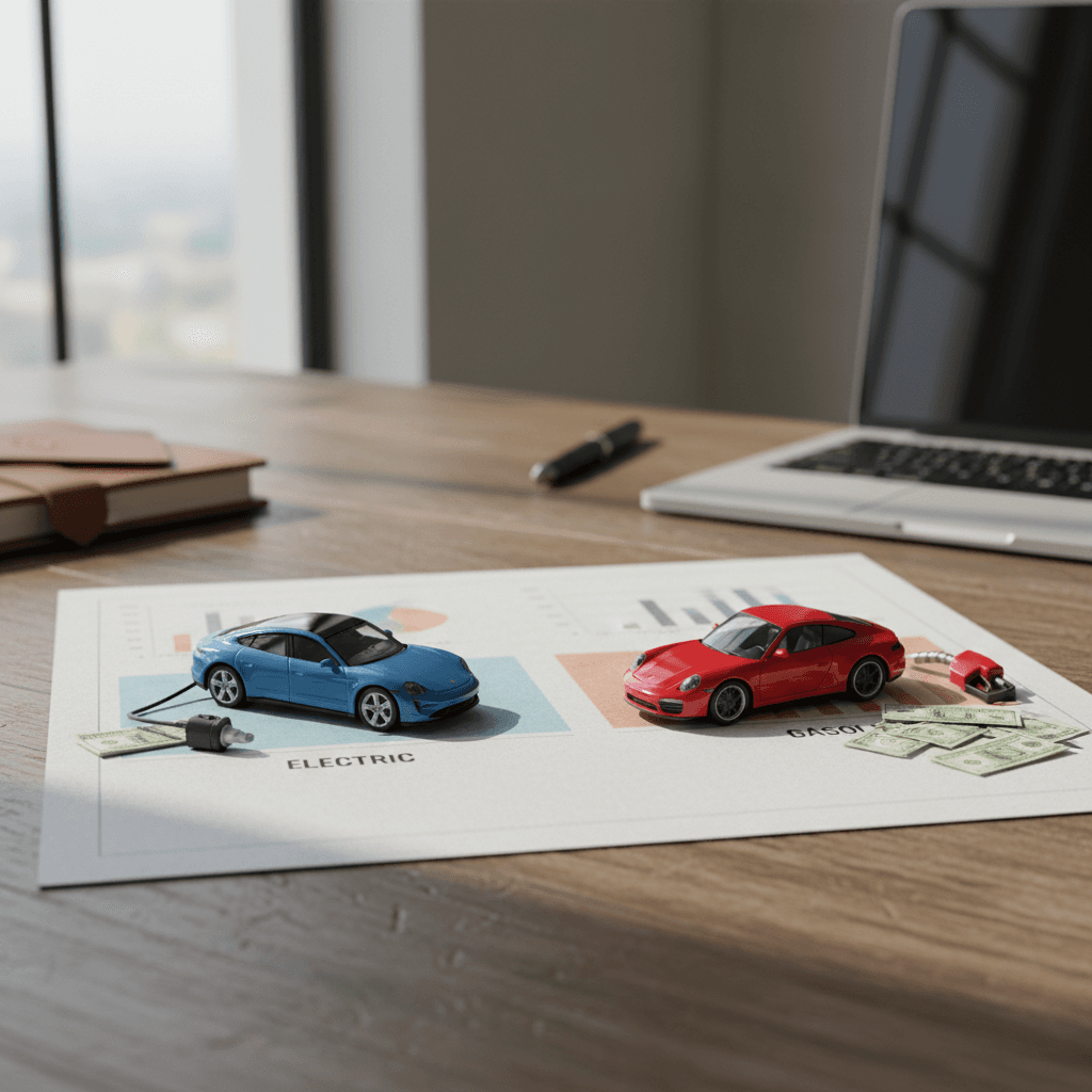 Clean side‑by‑side infographic comparing long‑term costs of a Porsche Taycan versus Porsche 911