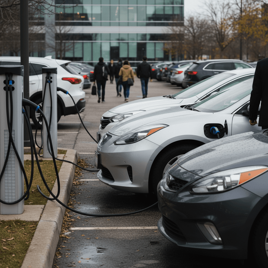 Row of electric cars plugged into workplace charging stations, suited for long daily commutes