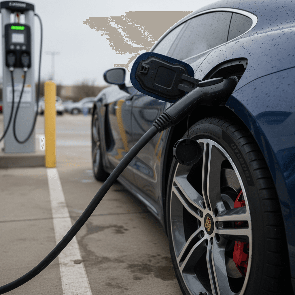 2021 Porsche Taycan plugged into a public DC fast charger, showing charge status on the display