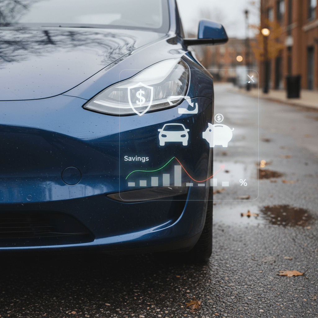Tesla Model Y at the curb with stylized insurance cost icons and savings percentages overlayed