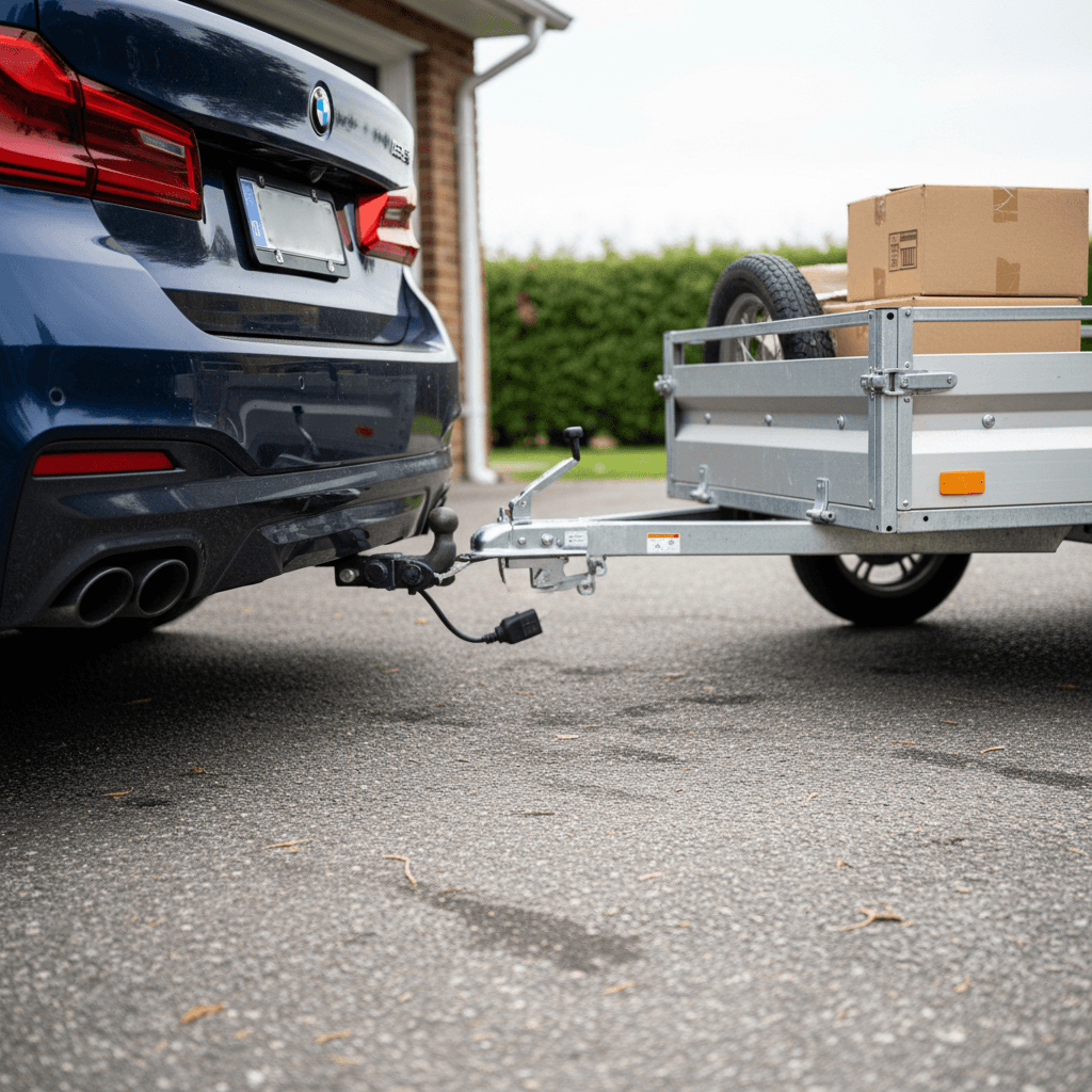 BMW i5 sedan with a small trailer attached to a factory tow hitch in a residential driveway